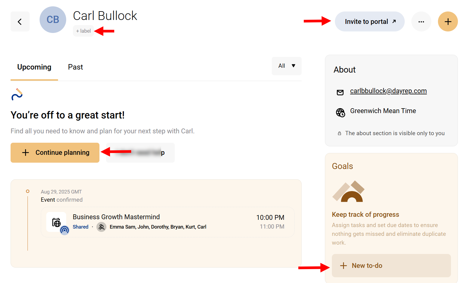 The details section also lets you plan for the client and add a to-do task to the contact
