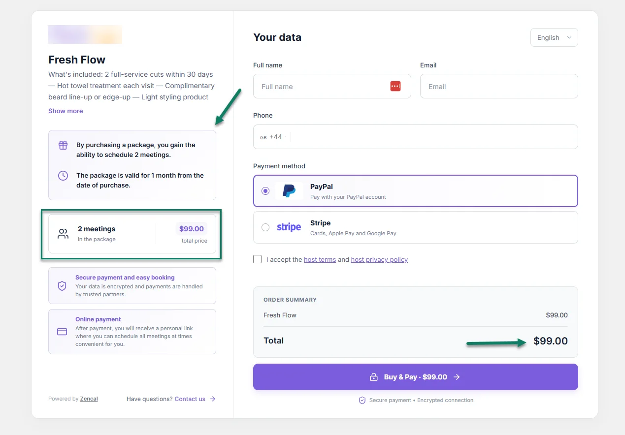 Client checkout for a multi-session service bundle in Zencal