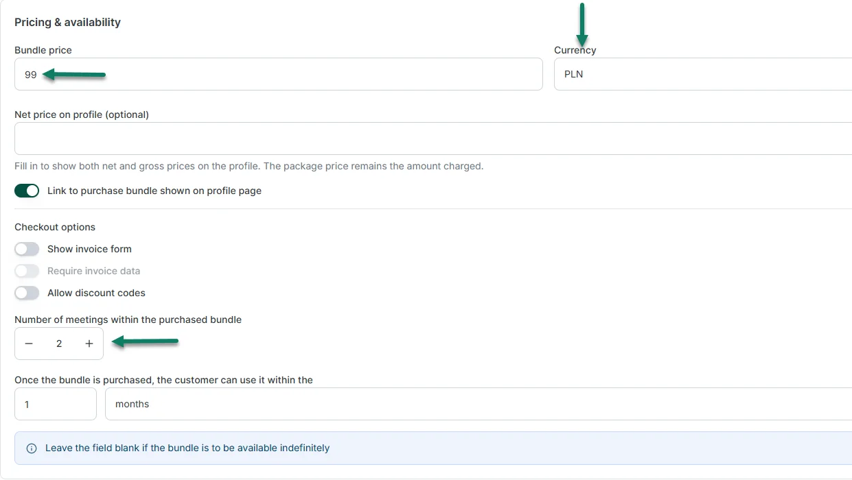 Service bundle pricing and validity settings in Zencal