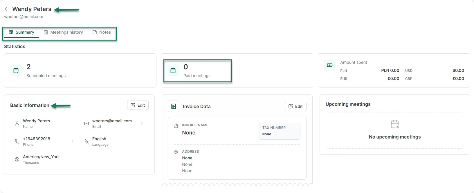 Zencal client profile with appointments, payments, and activity