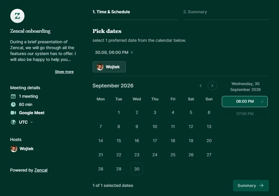 Zencal online booking calendar showing available appointment times