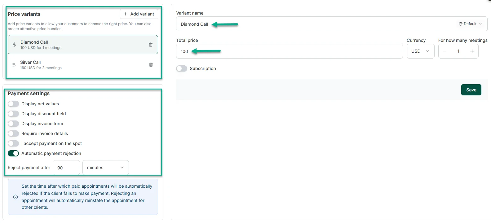 Paid service price variants and payment settings in Zencal