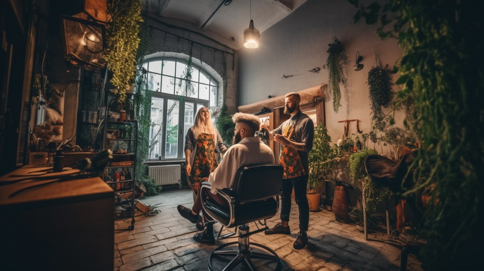 A barber cutting his client's hair in a salon decorated in a loft style with lots of greenery, barber and client are smiling