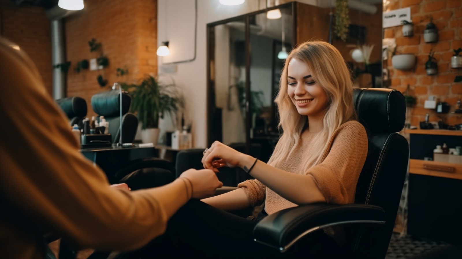 A woman with blonde hair and green eyes who is in a beauty salon relaxed and smiling lying on a chair while another woman gives her a manicure