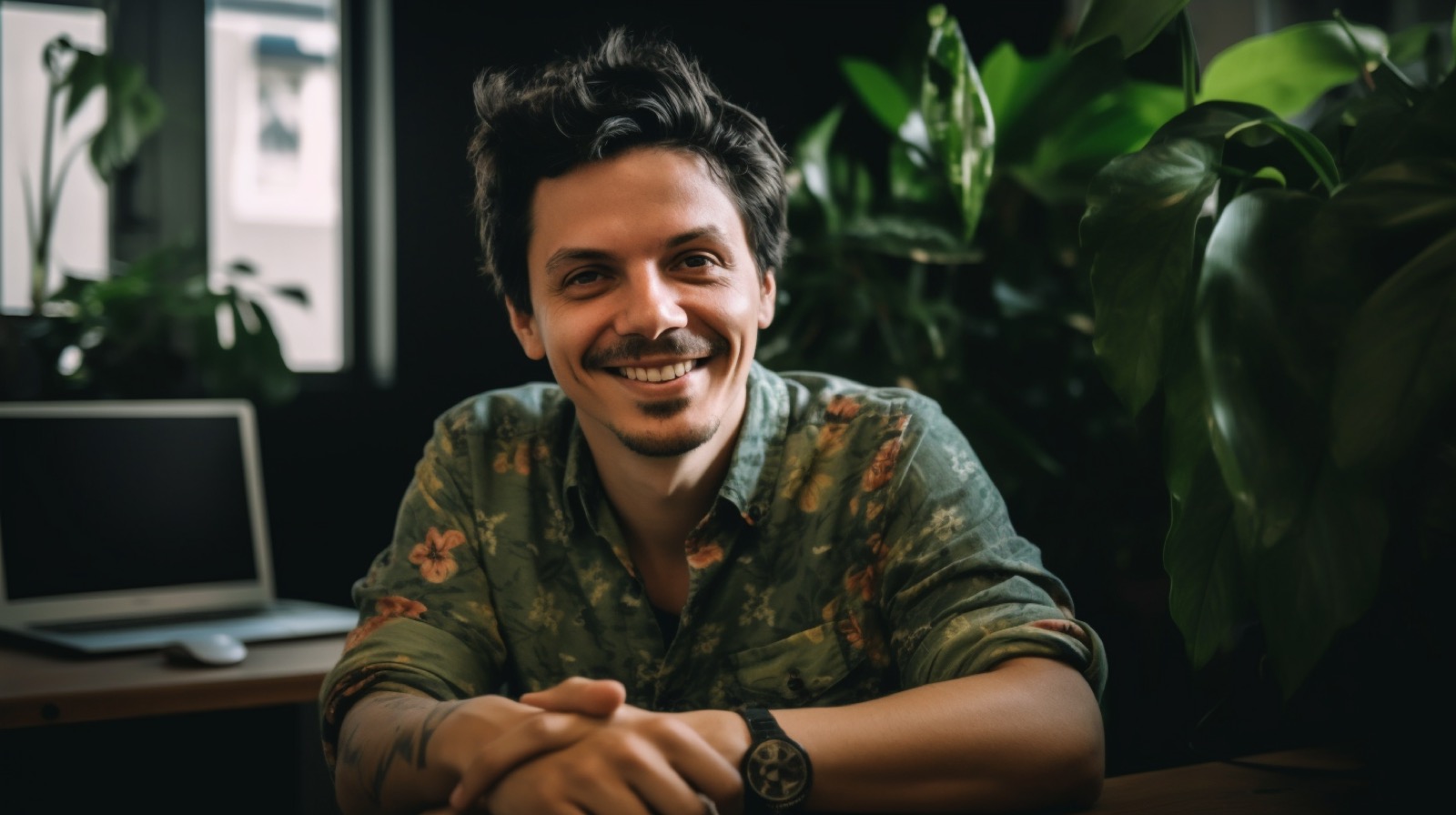 A 30-year-old man smiling with black hair and green eyes sitting in front of a computer giving consultations in a room with lots of greenery