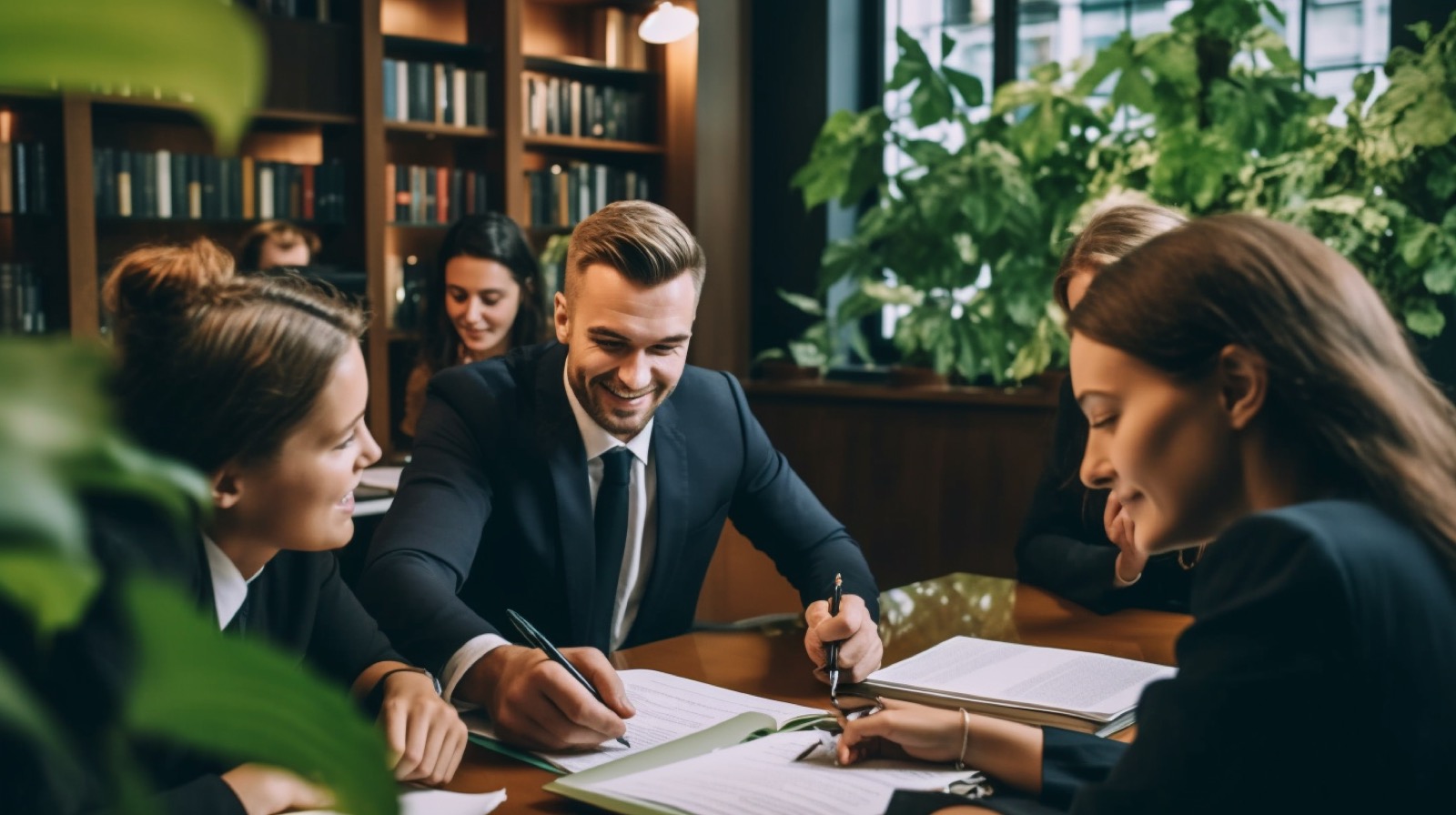 Lawyers working on a case in a conference room with many green plants, lawyers sit along with a client who is smiling