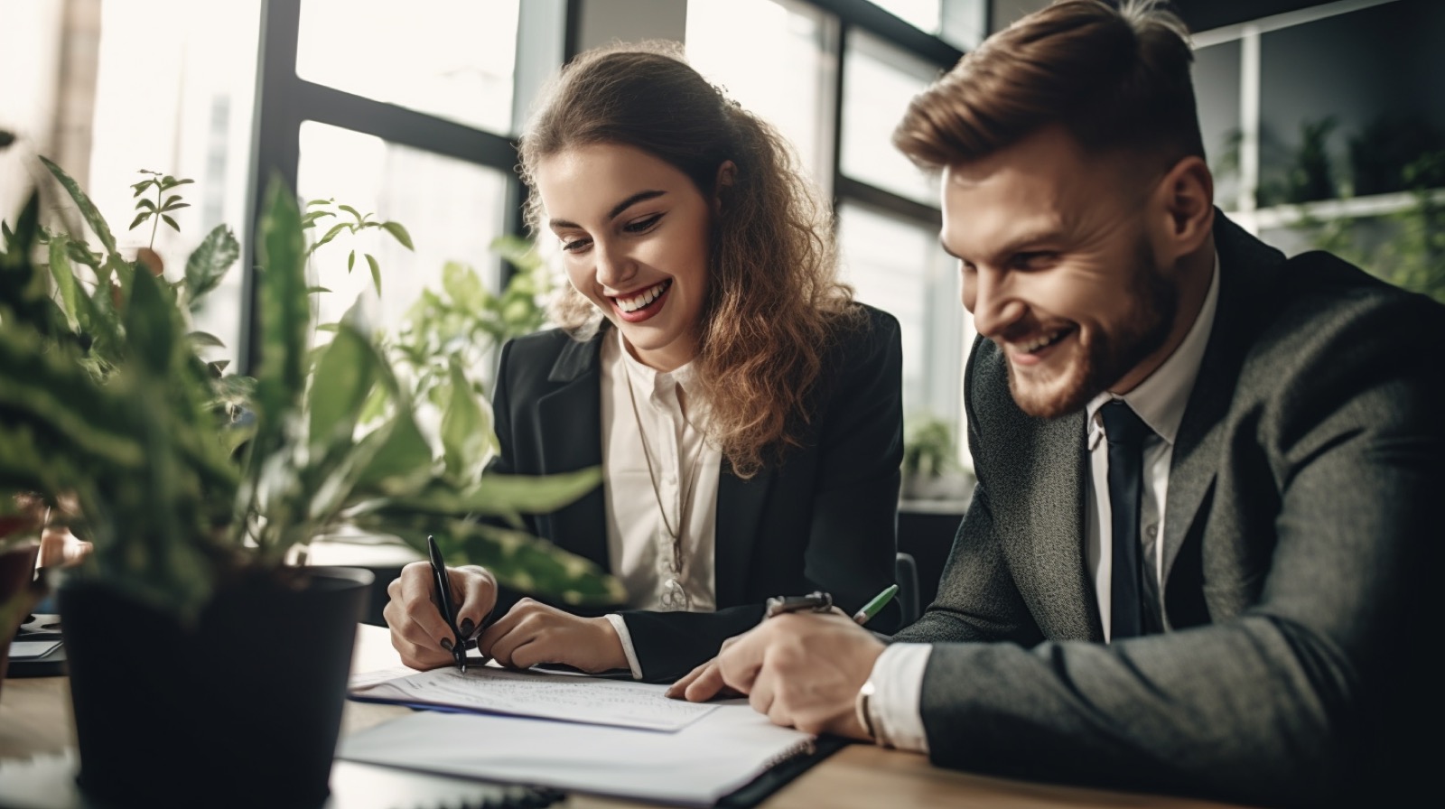 A woman and a man in suits working on documents in a conference room with lots of plants all smiling