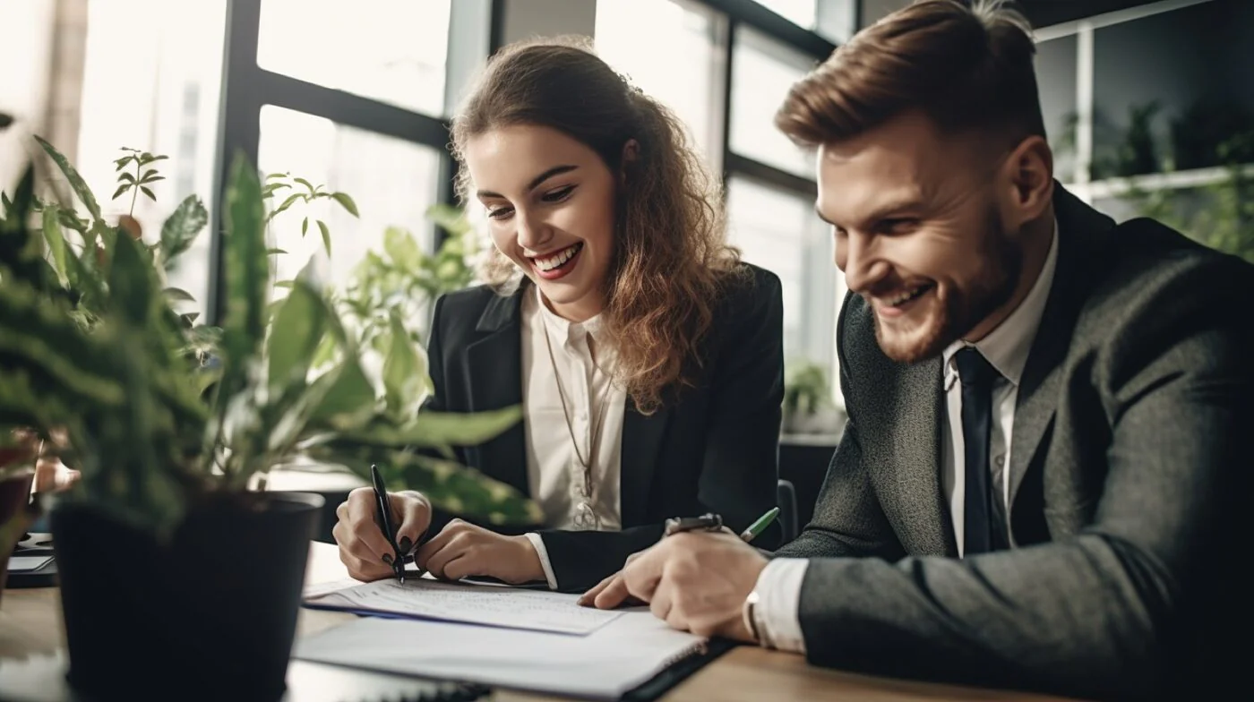 A woman and a man in suits working on documents in a conference room with lots of plants all smiling