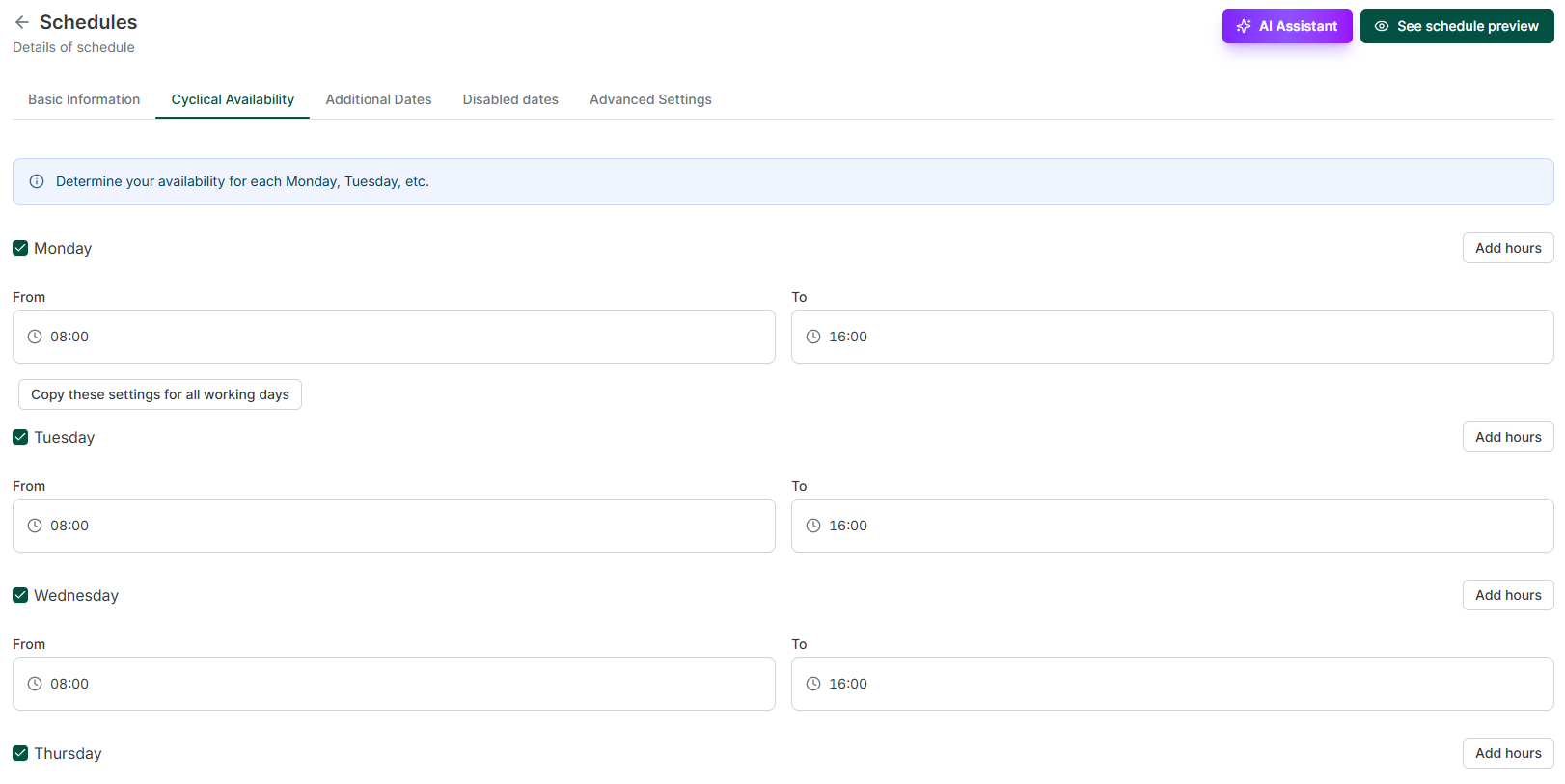 Cyclical availability settings in Zencal