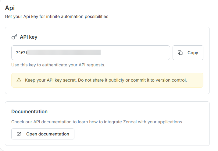 API key settings in Zencal