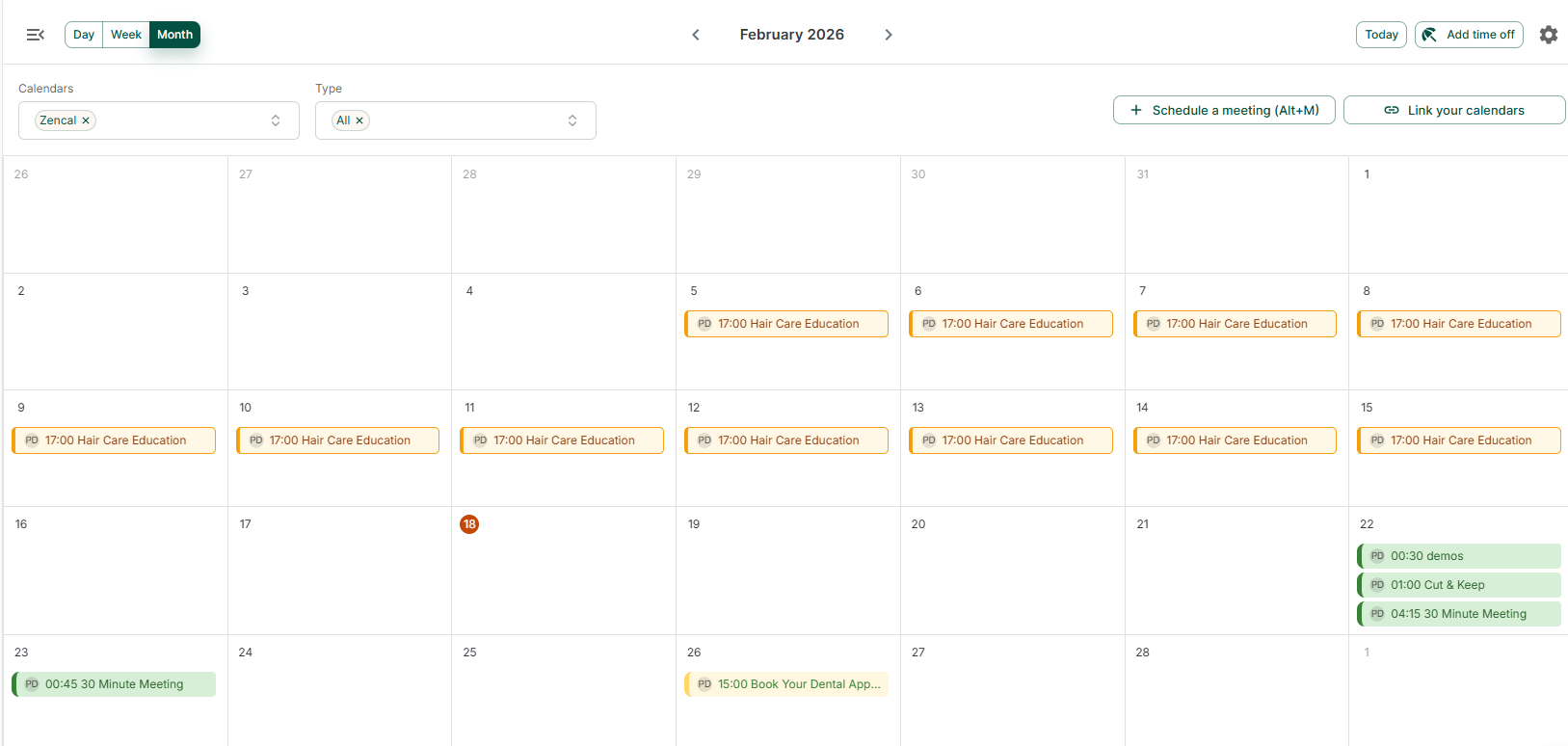 Monthly calendar view in Zencal