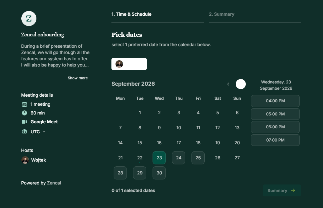 Zencal onboarding booking page with date and time selection