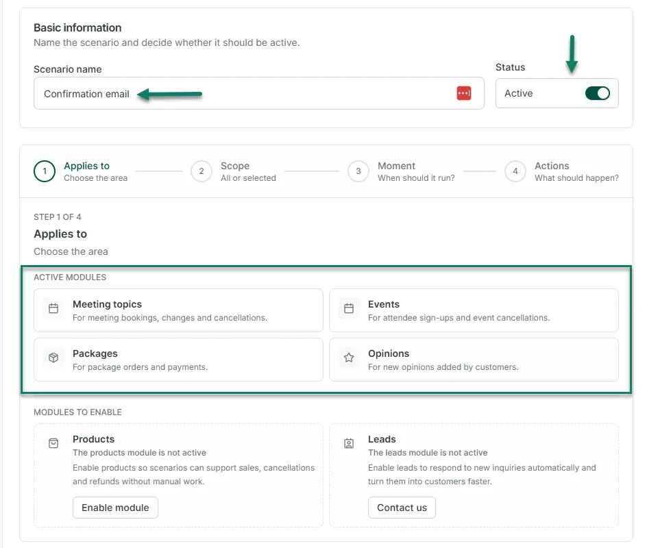 Automation scenarios for meetings, events, packages, and online courses in Zencal