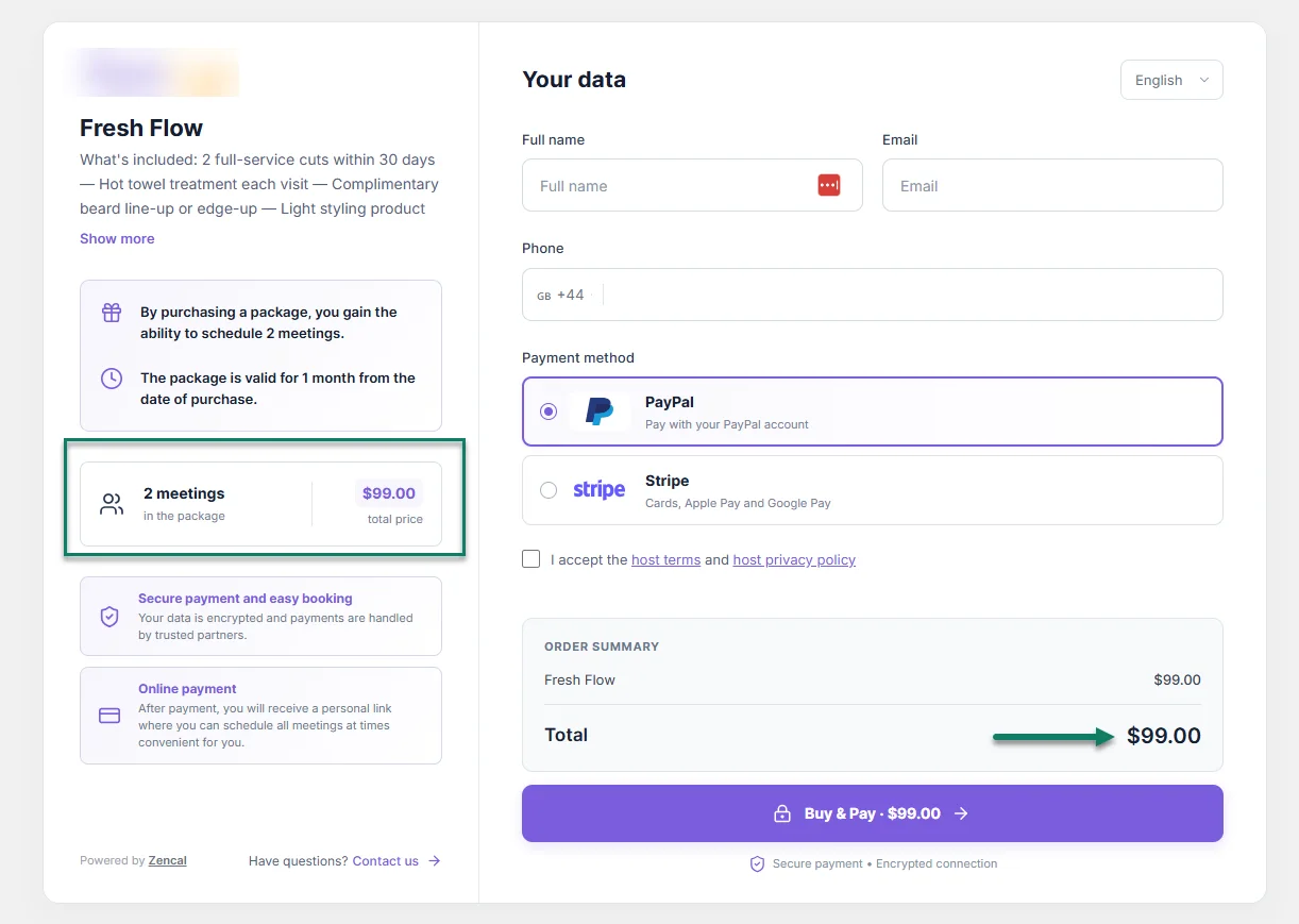 Client checkout for a multi-appointment bundle in Zencal