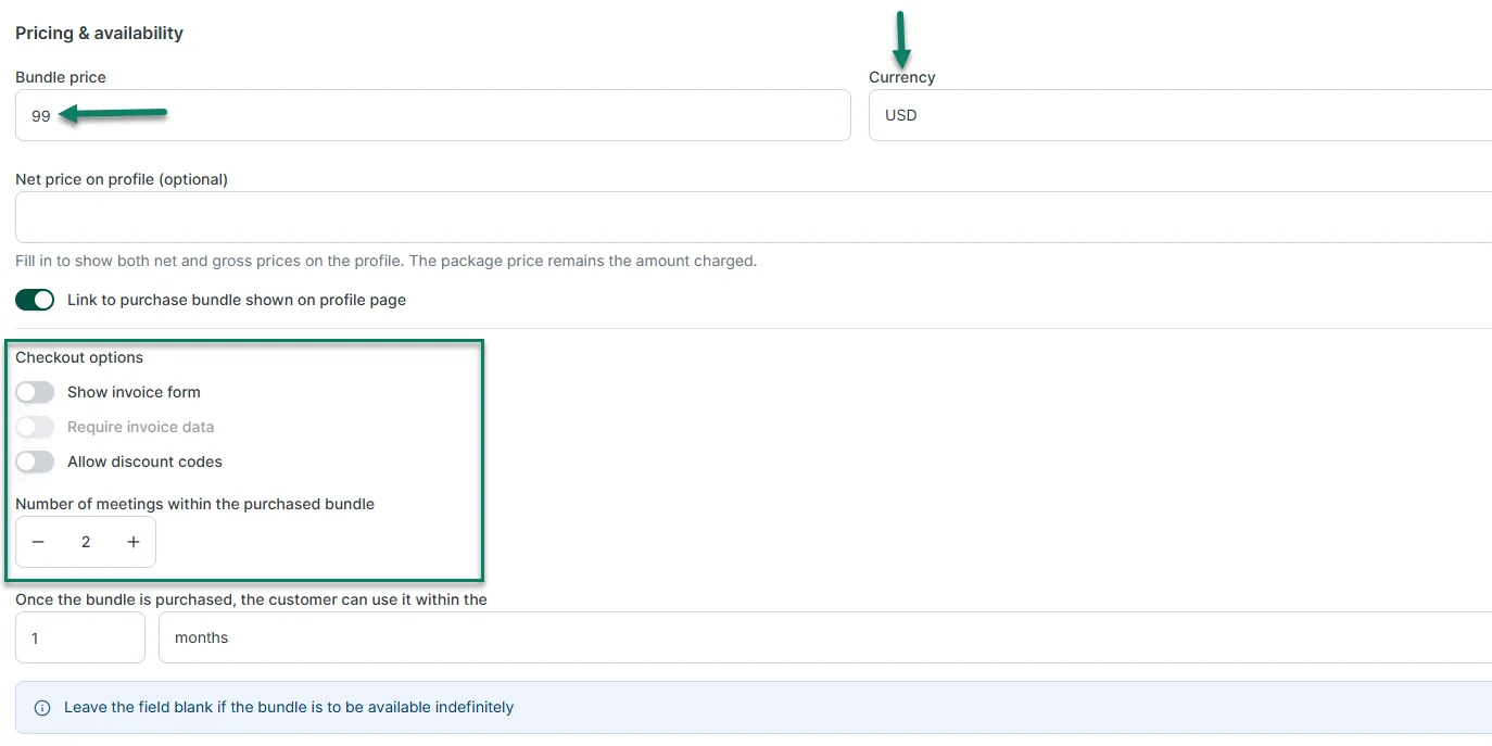 Bundle pricing and availability settings in Zencal