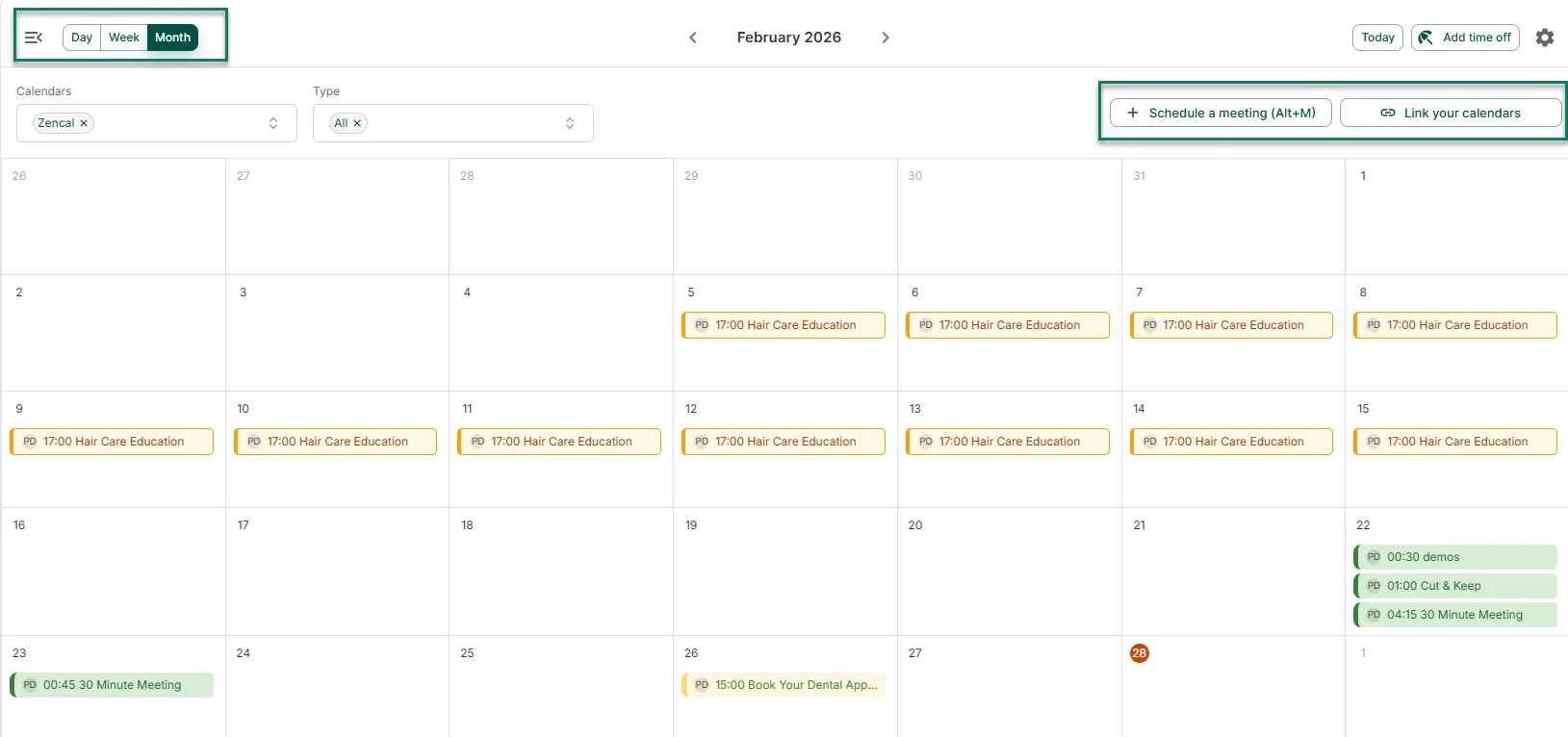 Zencal calendar view with appointments from connected calendars