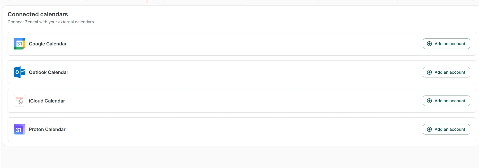 Connected Google, Outlook, iCloud, and CalDAV calendars in Zencal