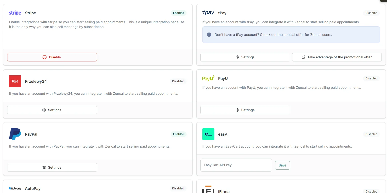 Zencal integrations with payment providers and business software