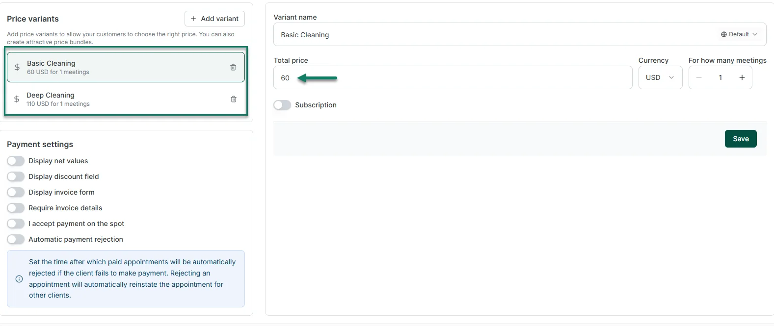 Paid appointment pricing and payment settings in Zencal
