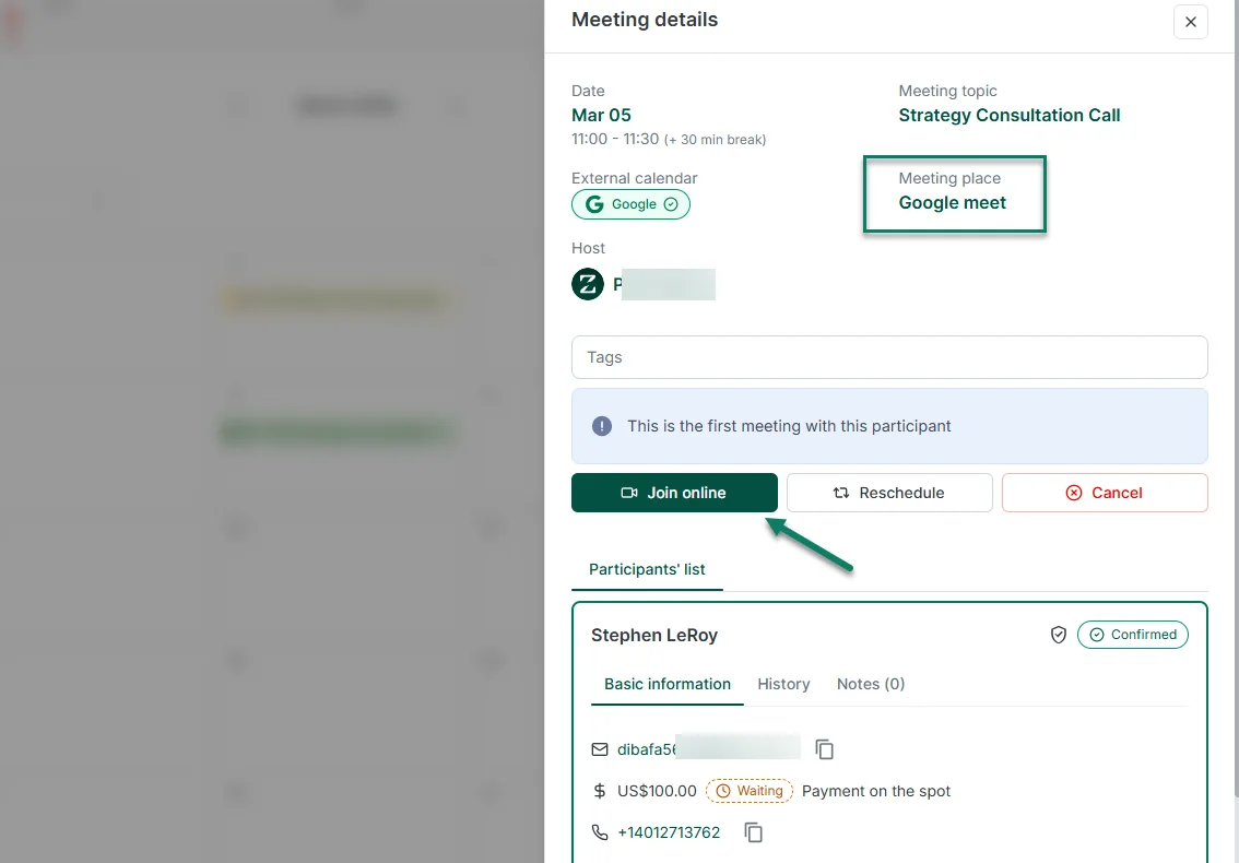 Online meeting details with an automatically created Google Meet link in Zencal